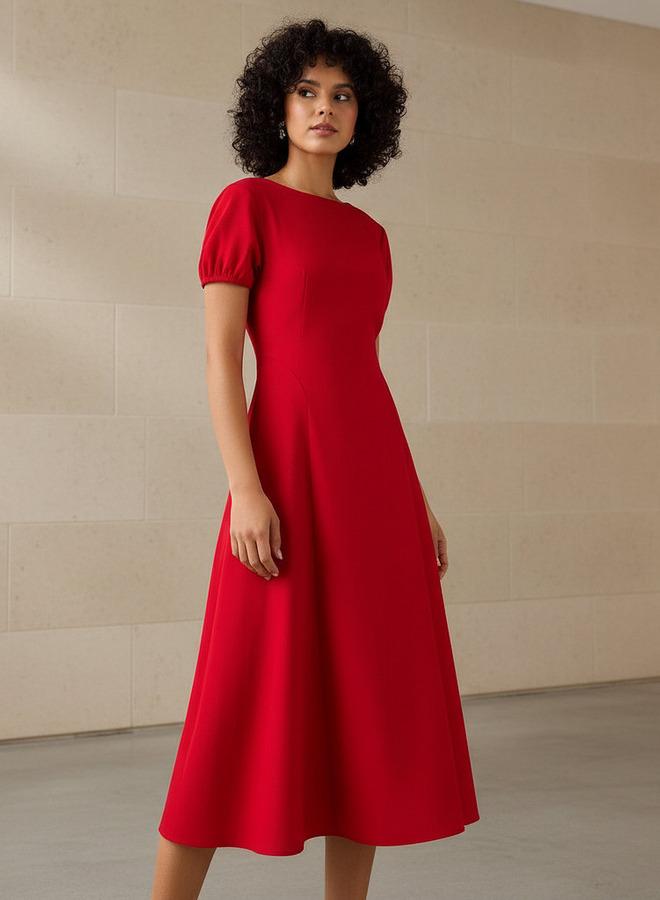 تواكستريمز فستان قطني متوسط الطول بتصميم - وأكمام منتفخة - Image 1